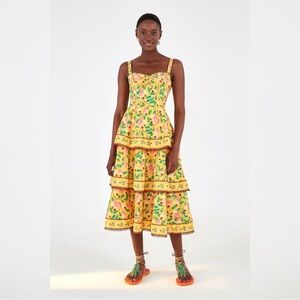 Farm Rio Cashew Tiered Floral Yellow Midi Dress